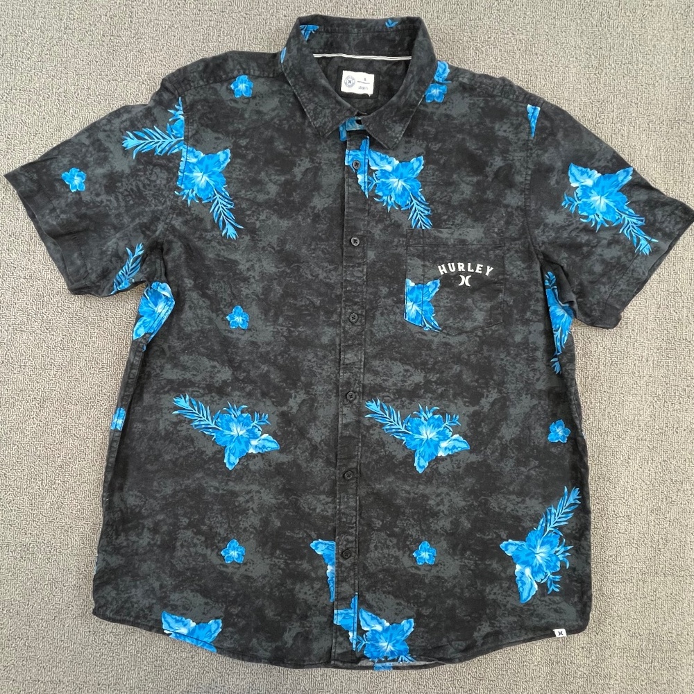 Hurley Shirt Adult Extra Large Black Button Up Blue Floral Casual Outdoor Men